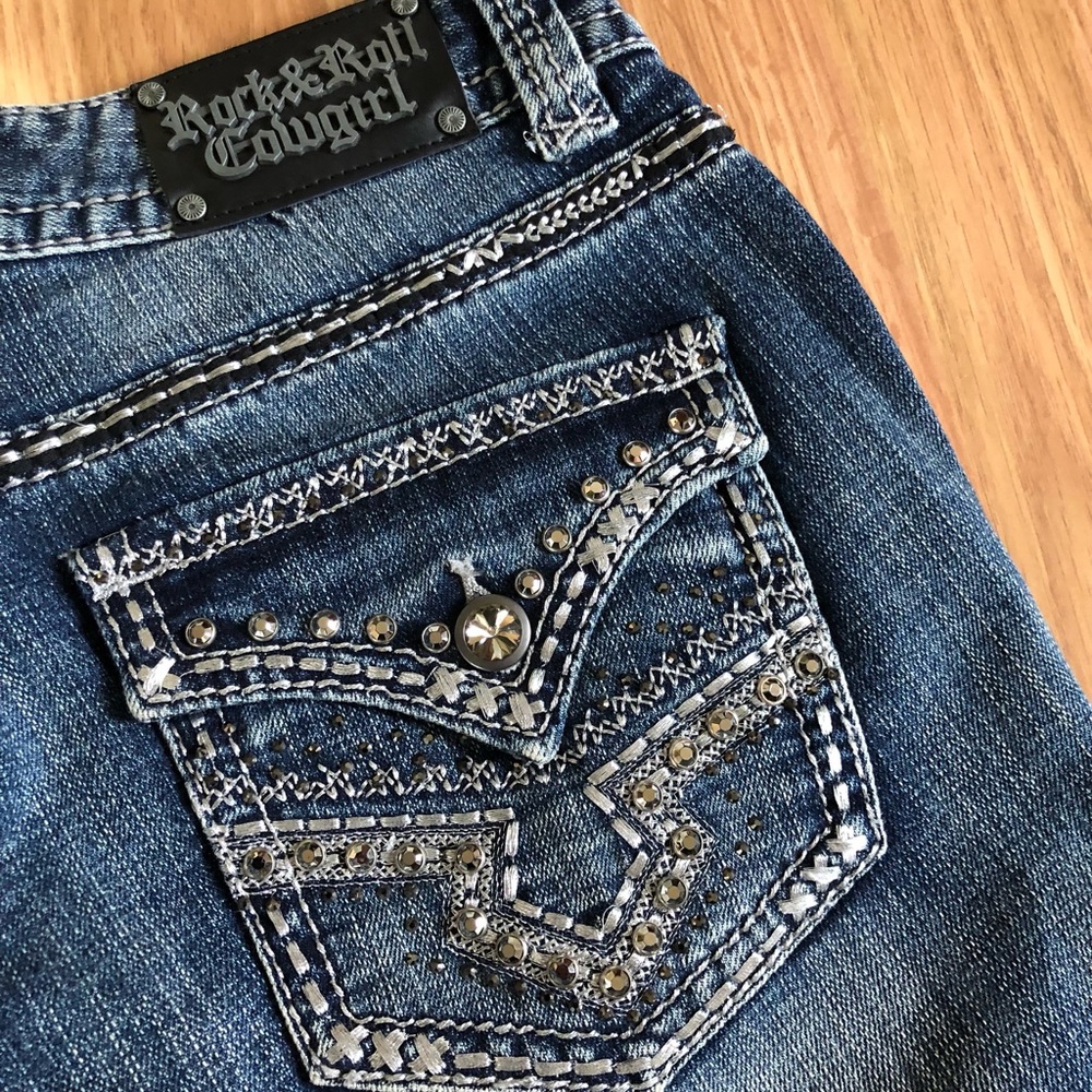Rock & Roll Cowgirl Mid Rise Bootcut Jeans Dark Denim Embroidery